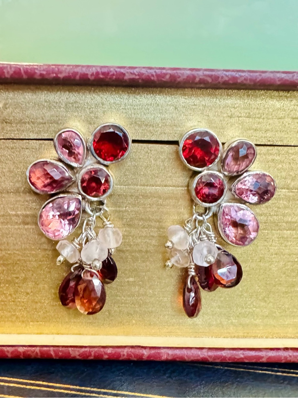 Vtg SAJEN Sterling Silver Pink Tourmaline Garnet Cluster Drop Earrings